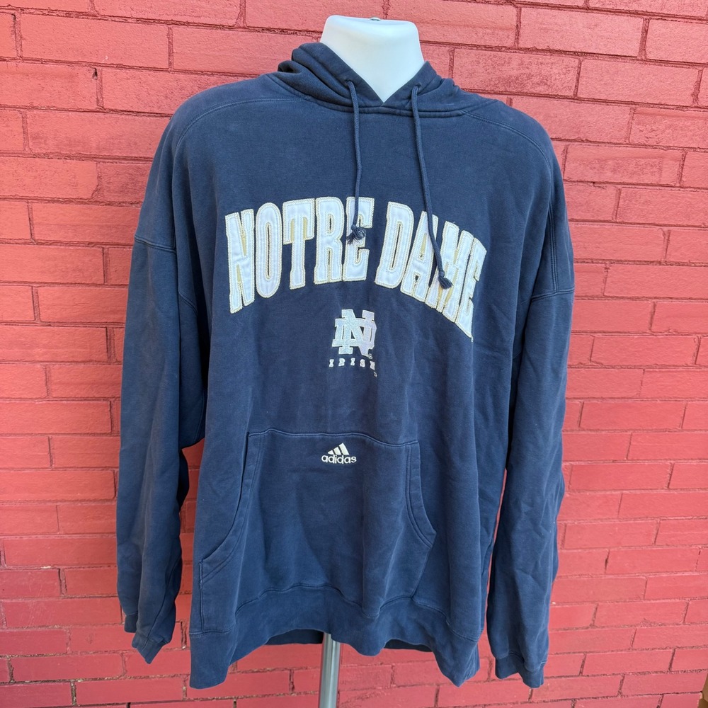 Vtg Adidas Notre Dame Fighting Irish Navy Blue Hoodie Sweatshirt Men's Size XL